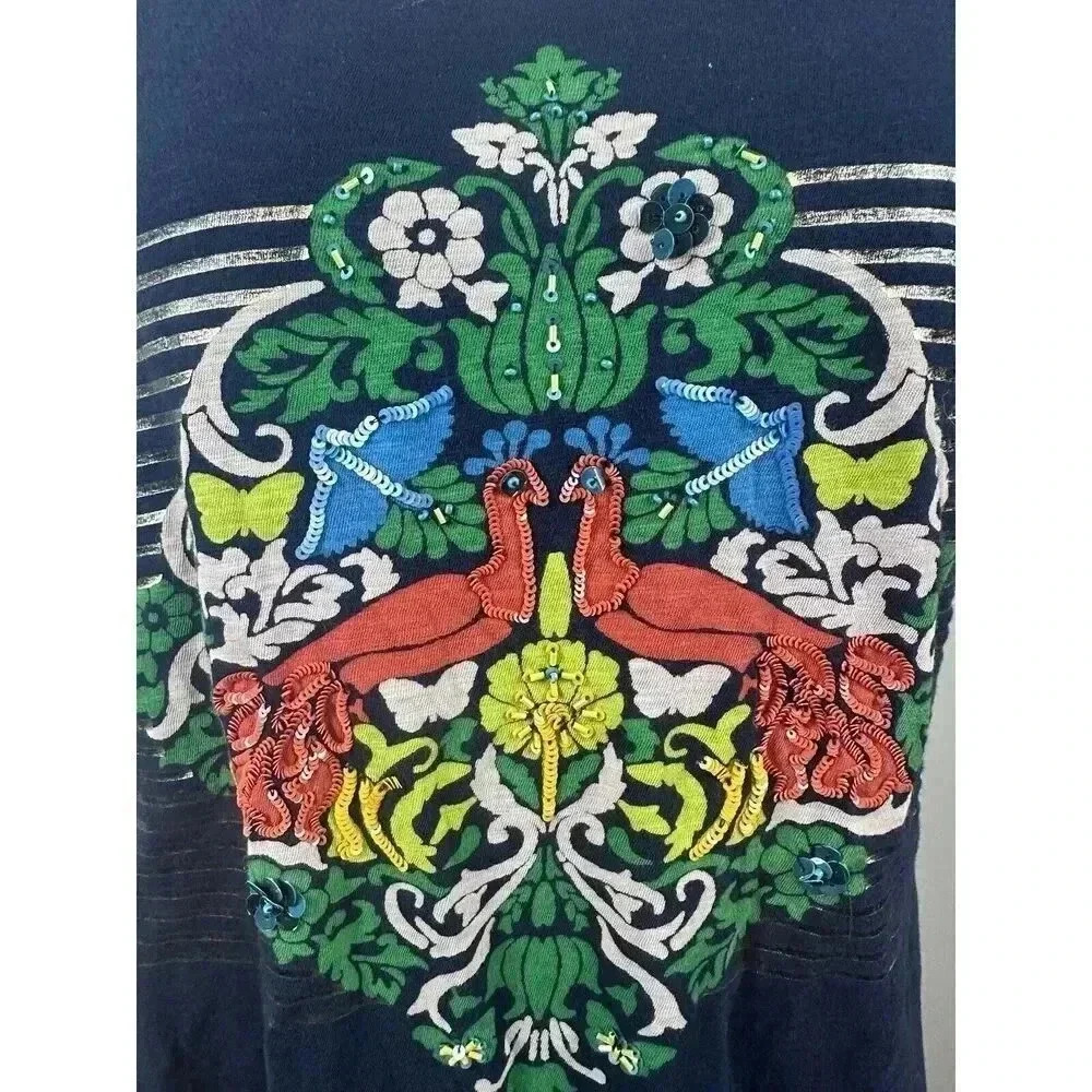 Crown & Ivy Navy Blue Peacock Top With Sequins Size XL - Picture 6 of 7